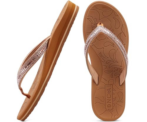 ONCAI Damen Zehentrenner Flip Flops mit Glitter Indoor/Outdoor Sommer Schwimmbad Strand Komfort Strand Plattform Angenehme Sandalen Badelatschen mit Orthopädie Arch Support Khaki Größe 41 EU