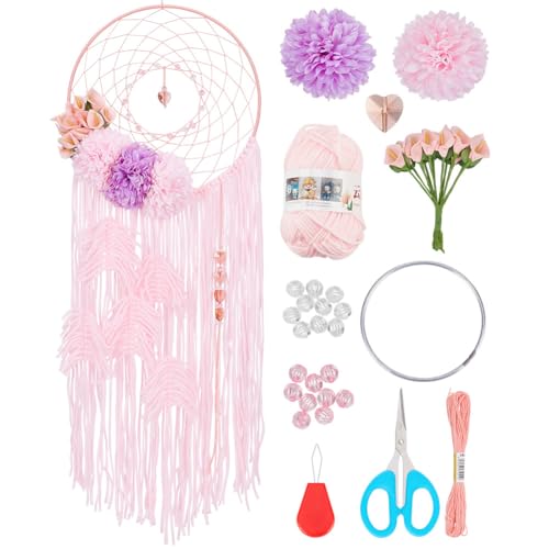 INFUNLY Rosa DIY-Traumfänger-Set Für Erwachsene, Anfänger, Basteln Sie Ihr Eigenes Traumfänger-Set, Handgefertigte Traumfänger-Bastelsets Mit Quaste, Anleitung Im Lieferumfang Enthalten, Wandfenster,