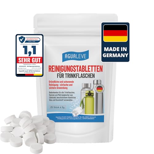 AGUALEVE® Reinigungstabletten für Trinkflaschen 25 Stück *NEU* | gründliche & schonende Reinigung von Trinkflaschen, Kannen & Mehrwegbecher aus Edelstahl, Alu, Glas & Kunststoff | Made in Germany