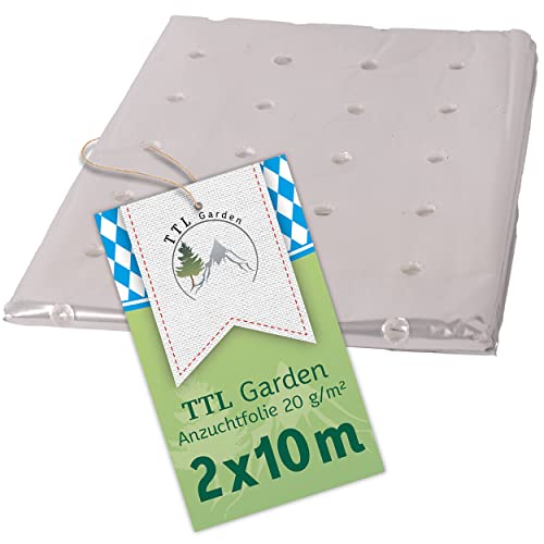 TTL Garden 10x2m PE Frühbeetfolie gelocht 20g/m² - transparente Gartenfolie für Folientunnel Anzuchtfolie Frühbeet & Hochbeet Wachstumsfolie Wärme Schutz vor Regen, Wind Frost