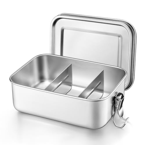 Onader Brotdose mit Fächern, Edelstahl Lunchbox Bento Box Für Kinder Erwachsene, Brotzeitdose mit Abnehmbar Trennwand Für Picknick, Schule and Unterwegs, Auslaufsicher & Spülmaschinenfest - 850ml