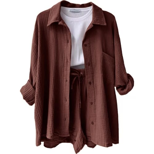 Generisch Angebot Des Tages, Summer Zweiteiler Damen Musselin Bluse Set Outfit Leinen Hemd Und Shorts Y2K Sportanzug Jumpsuit (XXL, Coffee)