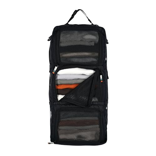 TRAVEL DUDE Hanging Packing Cube mit Kompression aus recycelten Plastikflaschen | Hängende Packwürfel für Rucksack und Koffer | Tragbare Reiseregale in Schwarz