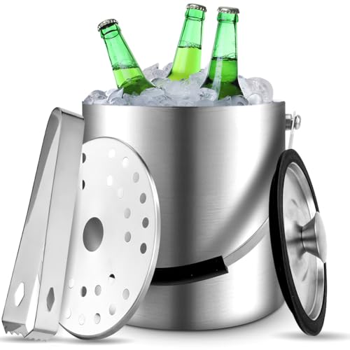 Yuragim 2L Eiswürfelbehälter, Eiswürfelkühler mit Luftdichtem Deckel, Edelstahl Eisbehälter mit Sieb und Eiszange, Doppelwandiger Isolierter Eiskübel,Eiswürfelkübel,Eiswürfel-Eimer,für Bar Party Hause