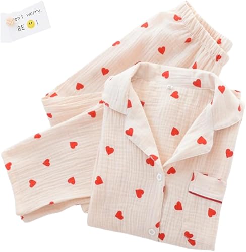 JosuE Pyjama-Set mit Herz-Print, Baumwoll-Pyjama-Set, süßes Langarm-Button-Down-Shirt mit Herz-Print und Langer Hose,Beige,M