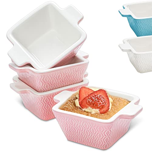 4 Souffle Förmchen Keramik Set - Rosa 280ml - Backofenfest - Antihaftbeschichtet - Spülmaschinenfest - Eckig