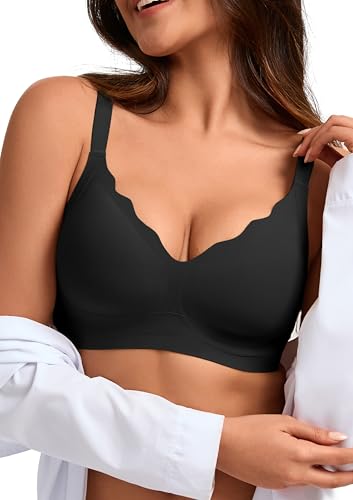 CAOZITOU Seamless BH Damen,Push Up BH Ohne Bügel Bügelloser, Große Brüste Nahtloser V-Ausschnitt Bra Bequem Soft Bralette (Schwarz,M)