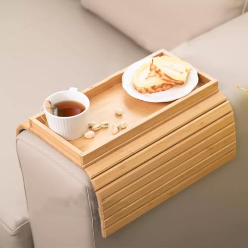 SHUESS Flexibles Sofatablett aus Bambus für Armlehne, Rutschfestes Couch Tablett, Faltbarer Sofa Armlehne Ablage für Snacks Fernbedienung Handy Getränke Tasse