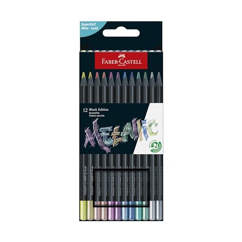 Faber-Castell Black Edition Metallic-Buntstifte: 12 Stück, schwarzes Holz und superweiche Mine, Buntstifte, Buntstifte für Kinder, Anfänger und Künstler