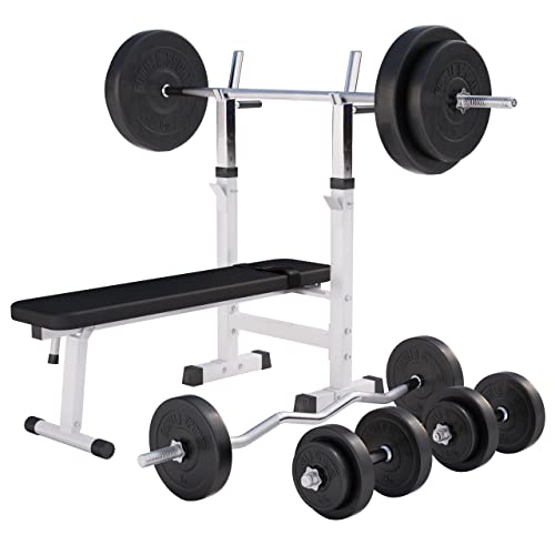 GORILLA SPORTS® Hantelbank - inkl. Hantelset 38/70/100kg, Ablage, Dip-Station, Höhenverstellbar, Klappbar, bis 200kg, Schwarz/Weiß - Trainingsbank mit Langhantelset, Drückerbank, Schrägbank, Flachbank