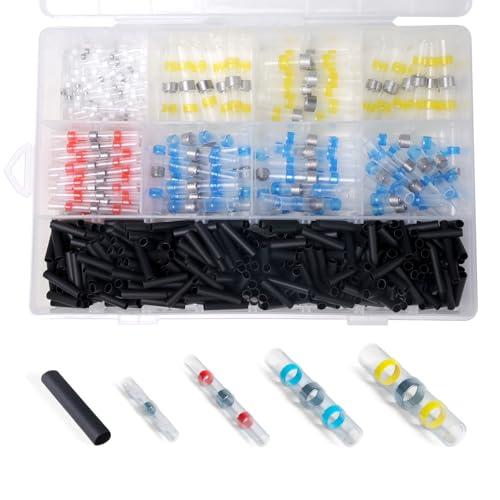 500 Stück Lötverbinder, Wasserdichte Kabelverbinder, Quetschverbinder mit Schrumpfschlauch, 5 Größen Stoßverbinder Set für KFZ, Marine, Boot (Weiß Rot Blau Gelb Schwarz)