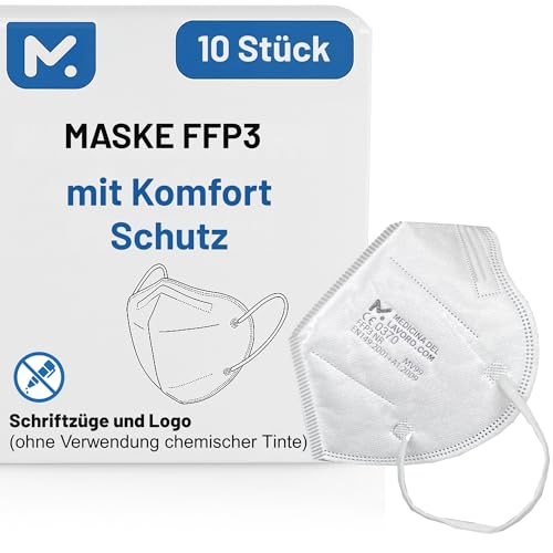 10 FFP3 Mund- und Nasenschutz Maske mit EC Zertifizierung, 5 lagige Maske ohne Ventil, Staub- und Partikelschutzmaske, medizinische Schutzmaske mit hoher BFE-Filtereffizienz ≥ 99, 10 Stück