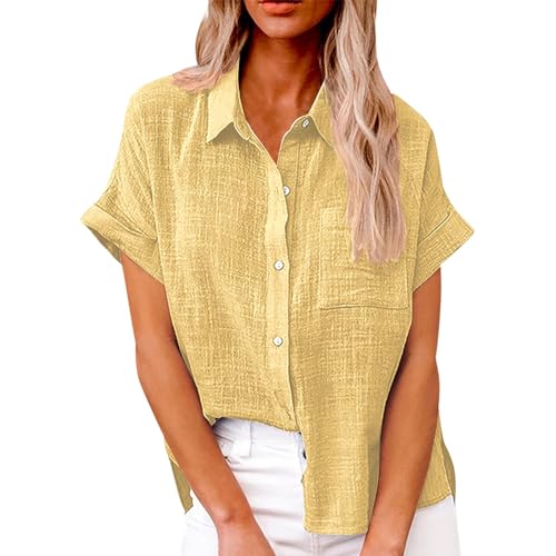 Geschenke Für Frauen Leinenbluse Damen Musselin Bluse Shirt Lange Ärmel Damen Blusehemd Oberteil T-Shirt Damen Oversize Tunika Leinenbluse Hemd Damen Leinenbluse Damen(1-Yellow,S)