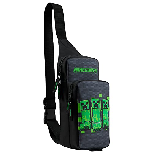 Minecraft Sling Bag Kinder, Brusttasche Umhängetasche mit Reißverschluss & Verstellbarem Gurt - Geschenke für Jungs (Schwarz/Grün)