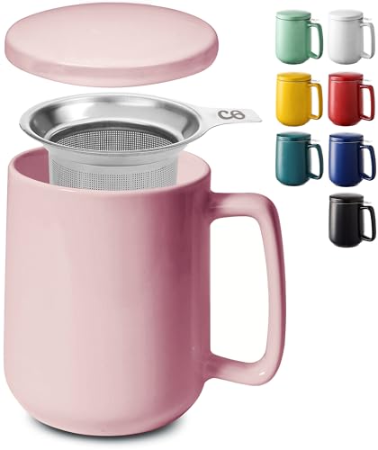 Teetasse mit Sieb und Deckel - Keramik - Hält Lange warm - 500ml XXL Groß - Spülmaschinenfest (Rosa)