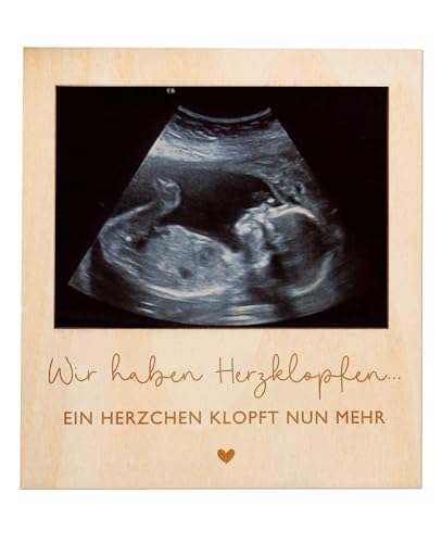 Joli Coon Schwangerschaft verkünden mit Holzrahmen für das Ultraschallbild und magnetischer Rückseite - Wir haben Herzklopfen - Bilderrahmen Ultraschallbild im Polaroid-Stil