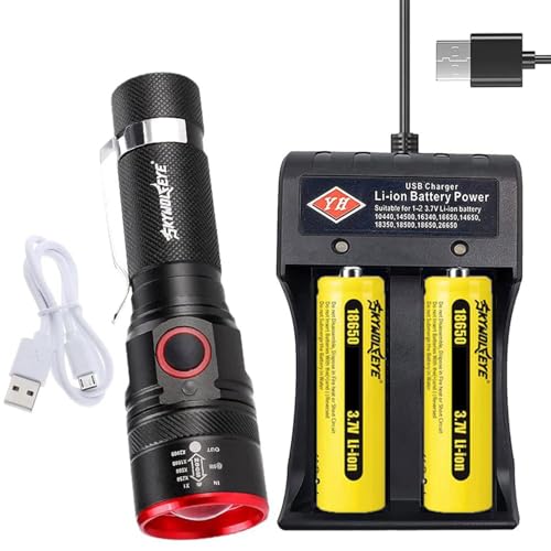 VISVIC 18650 Taschenlampe Mit 2pcs 18650 Batterie 3 Modi, Wasserdicht, Hohe Lumen Zoomable Taschenlampen, Taschengröße. Lange Arbeitszeit Handheald Fackel für Wandern Jagd Home