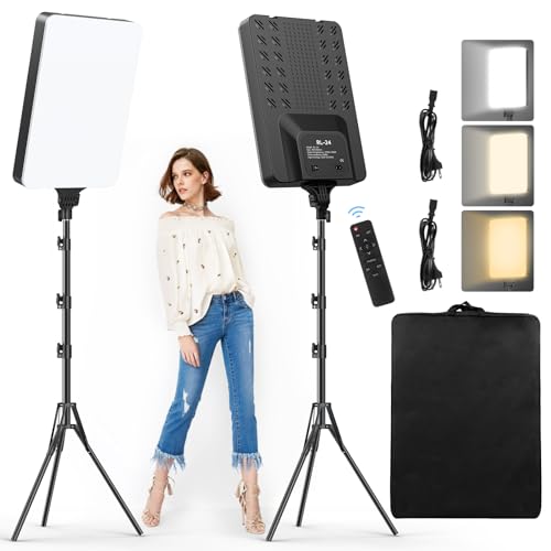 Heorryn 2 Stück 24'' LED VideoLicht Set, 2800-6500K dimmbare Kontinuierliche Fotografie Beleuchtung mit Fernbedienung und 200cm Stativ, CRI 96+ Studio Leuchten für TikTok, YouTube,Videofotografie