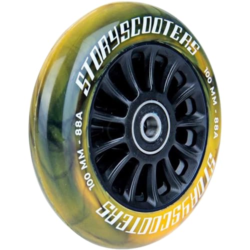Story 10 Spoked Stunt-Scooter Rolle Trick Tret Park Roller Ersatz Nylon Rad Wheel mit Abec9 Speed Kugellager 100mm (Schwarz Gelb swirl)