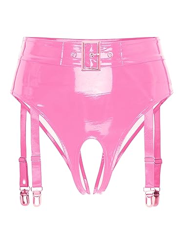 MSemis Damen Wetlook Ouvert Strings Lackleder Unterhose Latex Kurze Hose Glänzenden Hipster Frauen Ledershort Stretch Briefs Unterwäsche Reizwäsche Rosa L