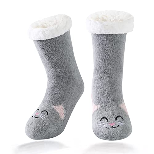 HapiLeap Kuschelsocken Kinder Slipper Socken Jungen Mädchen Hausschuh Socken Weiche Dicke Fleece Gefüttert Weihnachtsstrümpfe Kleinkind (Cat (8-12 Jahre))