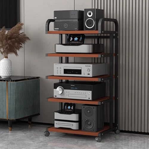 ZIUSFAC HiFi Regal 3/4/5-stöckiges Audio-Tower Audioständer AV-Medienständer Haus Büro Stereo Komponenten-Rack Audio-/Video-Rack Mobiler Audio Schrank(Black+Teak,5-Tier)