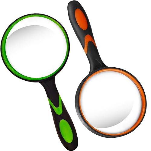 2PCS Lupe Groß 80mm, Handlupe 10X Echtglas-Lupe für Senioren Kinder, Weicher Hand-Schaft Lupen Buchlesen, Insekten- und Hobbybeobachtung, Unterrichtswissenschaft (Grün und orange)