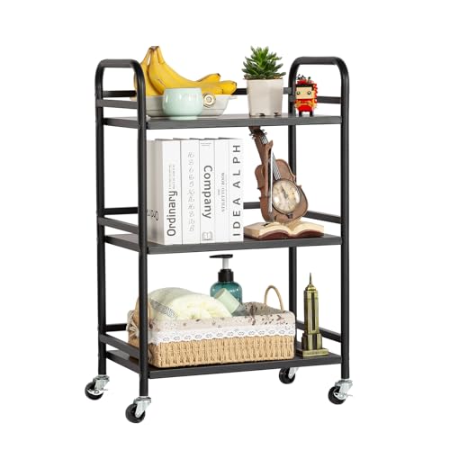HDANI Servierwagen,3 Ebenen Servicefahrzeug aus Metall mit Rollen, für kleine Räume, Küche, Esszimmer, Bar, Bäder, rollwagen Schwarz,48×30×75cm