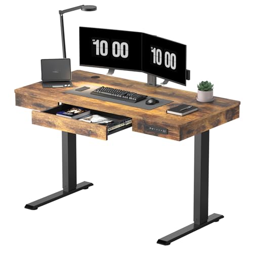 AIMEZO Höhenverstellbarer Schreibtisch 120x60 cm mit Schublade, Elektrisch Schreibtisch mit USB-Buchse Sitz/steh Stehtisch Computertisch mit Memory Funktion, Vintage Braun