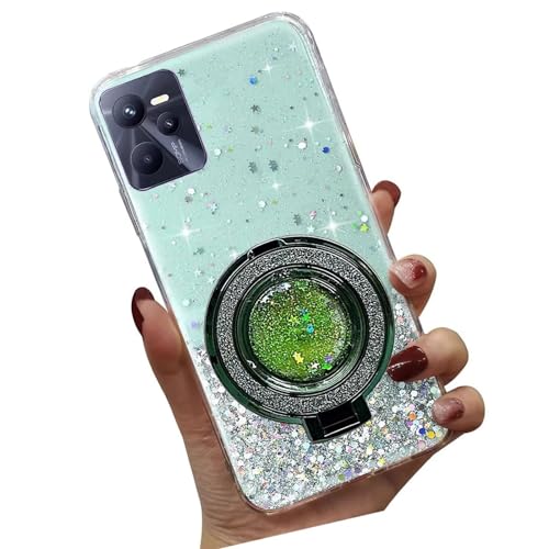 Tivenfezk Nadoli Sparkle Treibsand Ständer Hülle für Oppo Realme C35,Versteckt Ständer Ring Klar Glitzer Stern Handyhülle Durchsichtig Bling Schutzhülle Case Cover,Grün