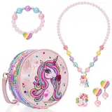 BTHRORO Einhorn Umhängetasche für Mädchen Schmuckset, Niedliche Crossbody Taschen Prinzessin Halskette Armband Ring Ohrclip Kinderschmuck Pretend Play Einhorn Geburtstagsgeschenke