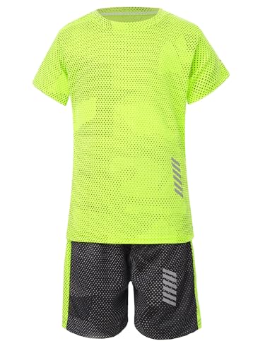 Aiihoo Kinder Jungen Trainingsanzug Sportanzug Set Kurzarm Sportshirt mit Sportshorts Mädchen Jogginganzug Sommer Sportkleidung Fluorescent_Green H 122-128