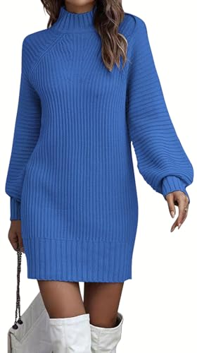 ELFIN Strickkleid Damen Rollkragen Langer Pullover Puff Ärmel Winter Pulloverkleid Freizeitkleid Langarm Strick Kleider Minikleid (L, Blau)