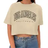 Tomwell T-Shirt Damen Crop Top Kurzarm Sportshirt Sexy Oberteil Bauchfrei Sommer Vintage Crop Tshirt mit Los Angeles Brief Rundhals Teenager Mädchen Bluse A Aprikose S