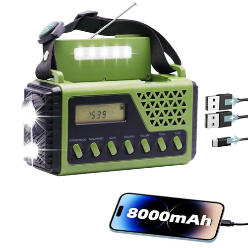 OBEST Kurbelradio mit 8000mAh Akku Wiederaufladbare,USB Handy-Lader mit Kompass und Display,Solar & Kurbel Notfallradio,FM Radio,Als Taschenlampe & Leselicht,SOS Alarm,Für Camping,Notfall,Blackout