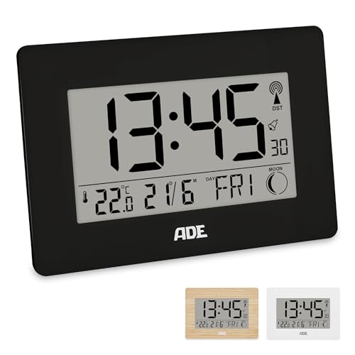 ADE Große Funkuhr digital mit XXL-Ziffern | Tischuhr mit Kalender und Wochentag | Digitale Uhr mit Temperaturanzeige | Funkwecker digital mit Batterie | schwarz