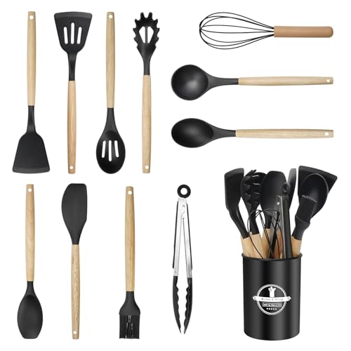 Küchenhelfer Set, 12-teiliges Silikon Kochutensilien Kochbesteck Set, Hitzebeständiger Kochgeschirr mit Utensilienhalter, Antihaft Kochset Küchenutensilien, Spülmaschinenfest - Schwar