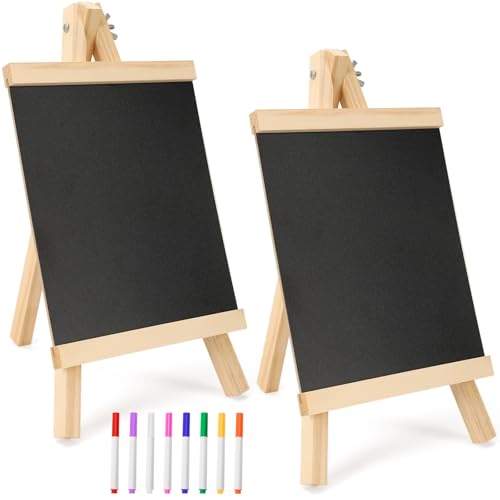 JANYUN Kreidetafel mit Ständer, 2 Stück Schiefertafel zum Beschriften 29 x 16 cm Klein Kreidetafel zum Beschriften mit 8 Kreidefarben für Hochzeit Schulbuffet Geburtstagsfeier