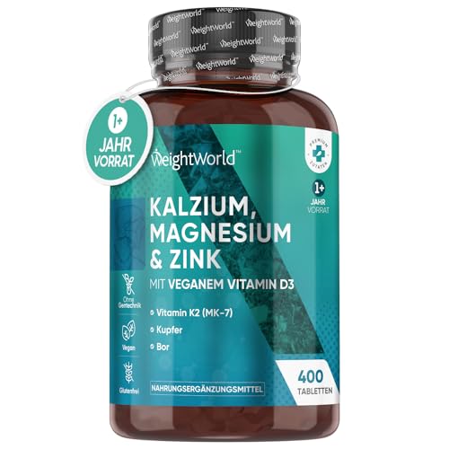 Kalzium Magnesium Zink - 400 Tabletten für 1+ Jahr - Magnesiumoxid mit Vitamin D3, K2, Selen, Mangan - 500mg Kalzium - Mineralstoffe & Multivitamin Komplex - Elektrolyte & Muskelaufbau - WeightWorld