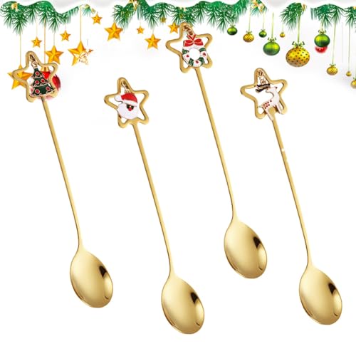 Dmuzsoih Weihnachts-Rührlöffel,Weihnachts-Rührlöffel - 4X goldene Teelöffel | Kuchenlöffel zum Rühren von Cocktails, Mixen, Tee, Milchshake, spülmaschinenfest