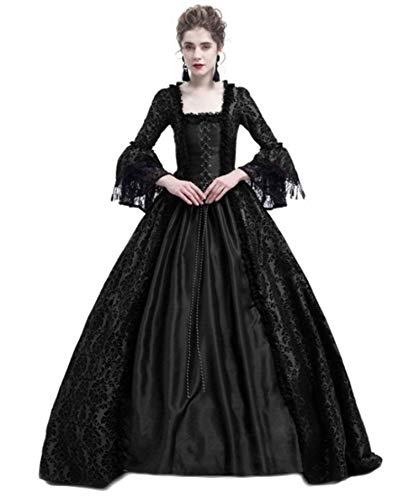 JIER Damen Mittelalterkleid Gothic Kleider Viktorianisches Cosplay Barock Kleid Renaissance Maxikleid Vintage Lang Mittelalter Kostüm mit Trompetenärmel (Schwarz,Small)