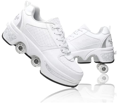 Schuhe mit Rollen, Rollschuhe Skateboard Schuhe Kinderschuhe Mit Rollen Skate Shoes Rollen Schuhe Sportschuhe Laufschuhe Sneakers Mit Rollen für mädchen Und Damen White Silver