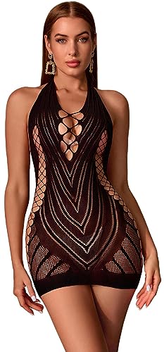 Walang Damen Dessous Ausschnitt BobyStocking Fischnetz Bodysuit Sexy Dessous Reizwäsche Minikleid Clubwear Babydoll Kleider Unterwäsche (Schwarz)