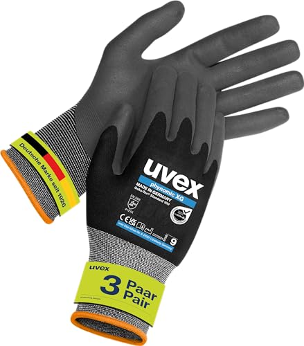 Uvex phynomic XG, 3 Paar - premium Grip-Handschuh für feuchte & ölige Bereiche - flexibel, robust & atmungsaktiv - schwarz, grau - Größe 09/L