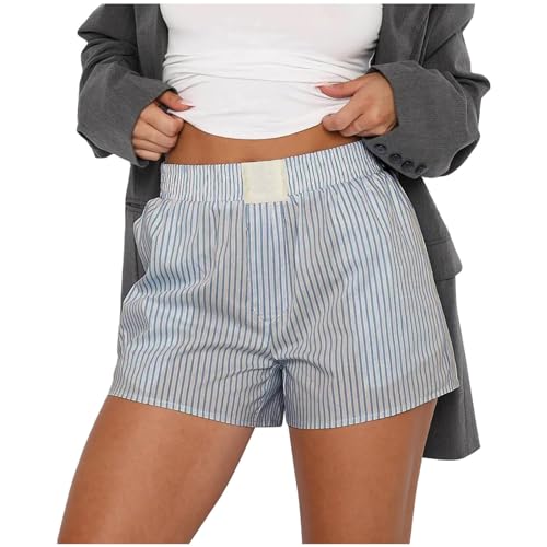 rtdgcv Damen-Shorts, süße, weiche, gestreifte Shorts 2 in 1 Shorts Damen Mit Tasche Shorts Damen Kurz (Light Blue, M)