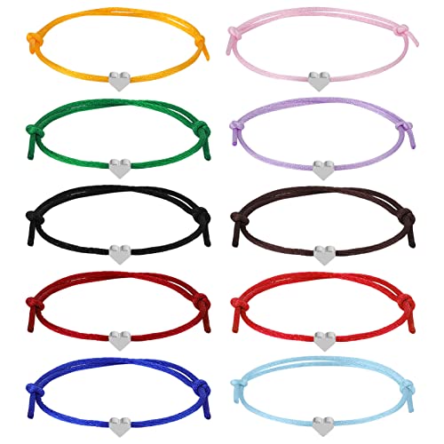 Xinstroe 10 Stück Herz Freundschaftsarmband, Seil Armbänder Filigranes Größenverstellbar für Frauen Mädchen (Silber)
