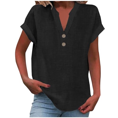 Shirt Damen, musselin Bluse Damen 2025 Frauen Sommer Tshirt Baumwolle Leinen Cap Sleeve T-Shirt Knopf V-Ausschnitt Tunika Tops Mode Baggy Solid Plain Casual Tshirts Trendy Bluse schwarz XXL