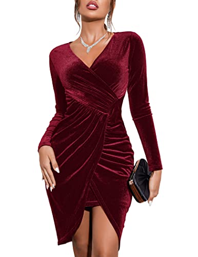 Zeagoo Damen Festlich Kleid Langarm Elegant Abendkleid kurz Samtkleid Bodycon Partykleid Sexy Hoch Taille Cocktailkleid Weinrot XXL