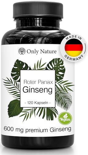 Only Nature® Ginseng 600 mg - Extra Hochdosiert (120 mg Ginsenoside) - 120 Kapseln - 100% Vegan - in Deutschland produziert & Laborgeprüft - Roter Panax Ginseng