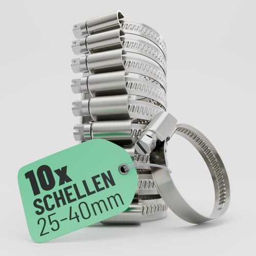 greate 10x Schlauchschellen Edelstahl 25-40 mm - Einstellbare Schlauchschelle mit 9 mm Bandbreite - Rohrschelle rostfrei - Schellen für Pool, Teich, Waschmaschine uvm - Schraubschellen Edelstahl 304